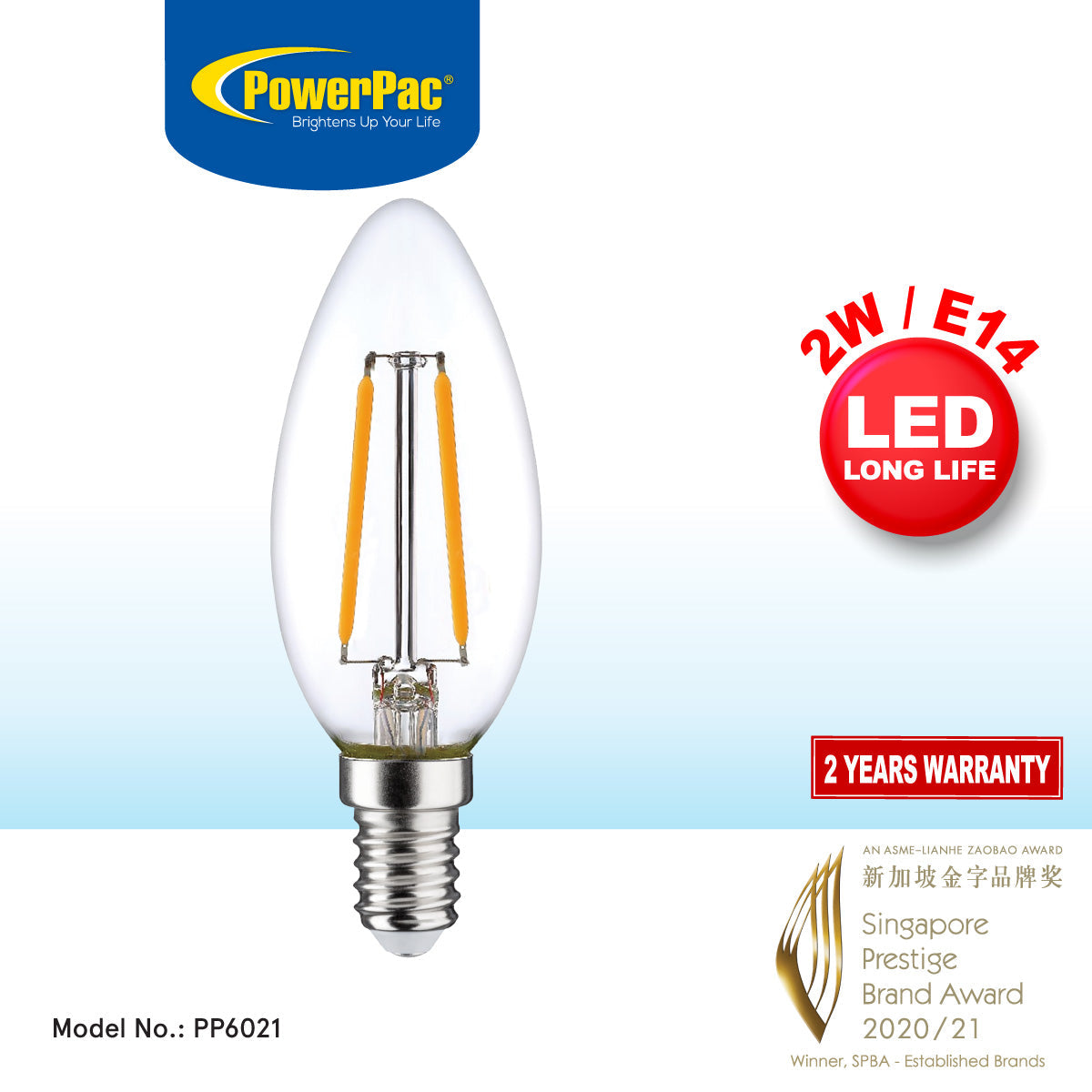 PowerPac LED Bulb. Candle Bulb. LED Light 2W E14 Warm White(PP6021)