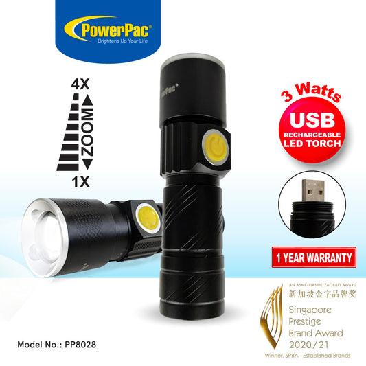 PowerPac USB Rechargeable LED Flashlight. High Power Portable EDC Torch light (PP8028)