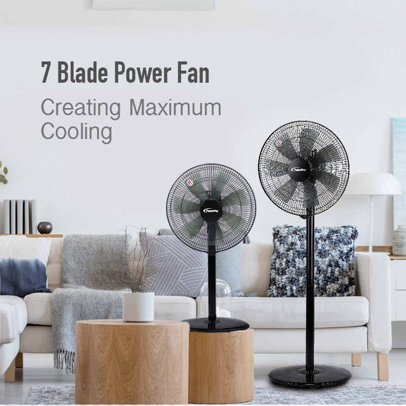 PowerPac 2 in 1 Stand Fan – 7 Blades. Adjustable Tilt. 2 Convertible Height. Oscillation. Powerful. Energy-efficient. 3-Speed. black. PPFS212