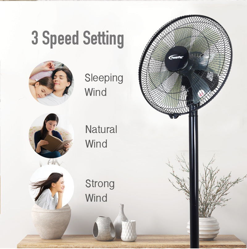 PowerPac 2 in 1 Stand Fan – 7 Blades. Adjustable Tilt. 2 Convertible Height. Oscillation. Powerful. Energy-efficient. 3-Speed. black. PPFS212