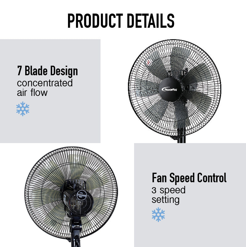 PowerPac 2 in 1 Stand Fan – 7 Blades. Adjustable Tilt. 2 Convertible Height. Oscillation. Powerful. Energy-efficient. 3-Speed. black. PPFS212