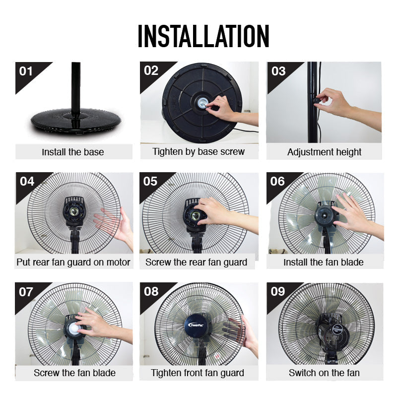 PowerPac 2 in 1 Stand Fan – 7 Blades. Adjustable Tilt. 2 Convertible Height. Oscillation. Powerful. Energy-efficient. 3-Speed. black. PPFS212