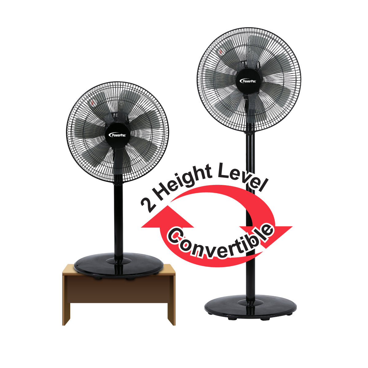 PowerPac 2 in 1 Stand Fan – 7 Blades. Adjustable Tilt. 2 Convertible Height. Oscillation. Powerful. Energy-efficient. 3-Speed. black. PPFS212