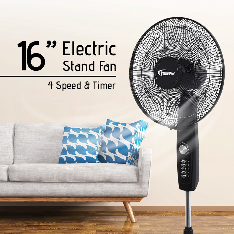 PowerPac 16 Stand Fan – Strong Airflow. Adjustable Tilt & Height. Oscillation. Timer. Durable. Energy-efficient. 4-Speed. black. PPFS30