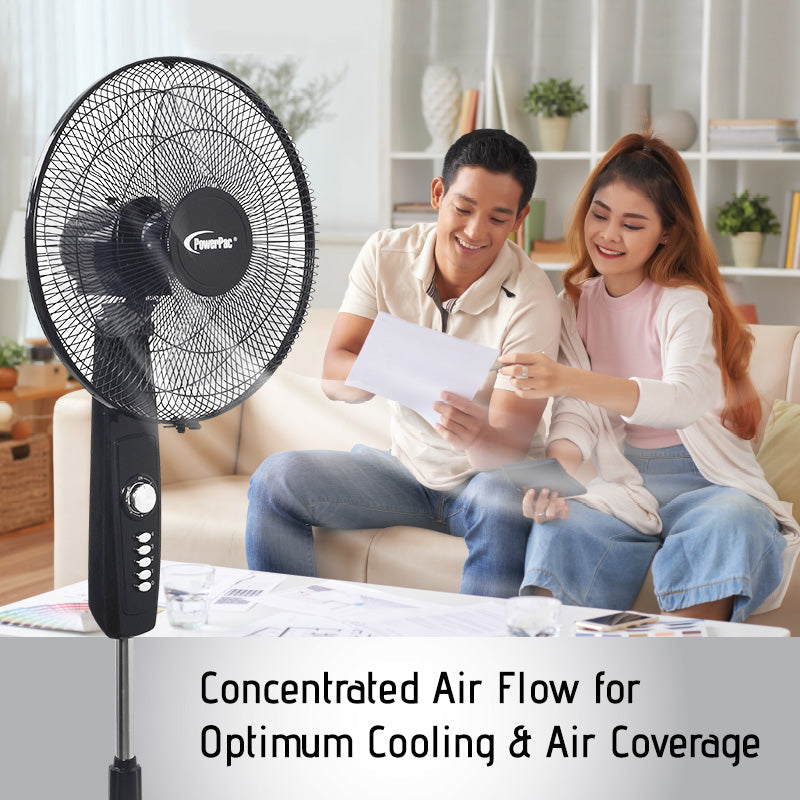 PowerPac 16 Stand Fan – Strong Airflow. Adjustable Tilt & Height. Oscillation. Timer. Durable. Energy-efficient. 4-Speed. black. PPFS30