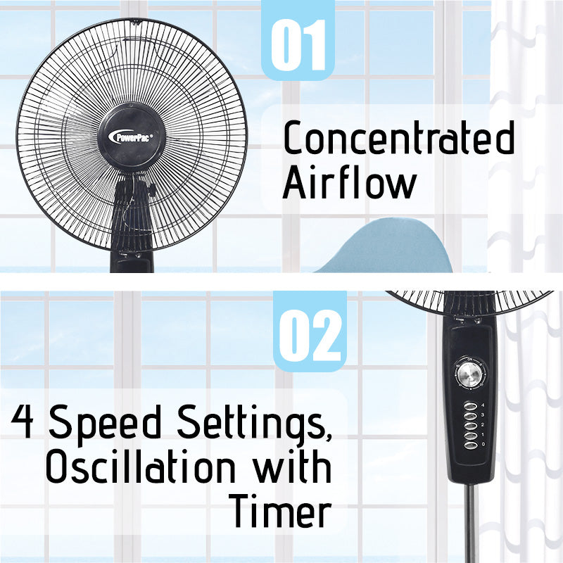 PowerPac 16 Stand Fan – Strong Airflow. Adjustable Tilt & Height. Oscillation. Timer. Durable. Energy-efficient. 4-Speed. black. PPFS30