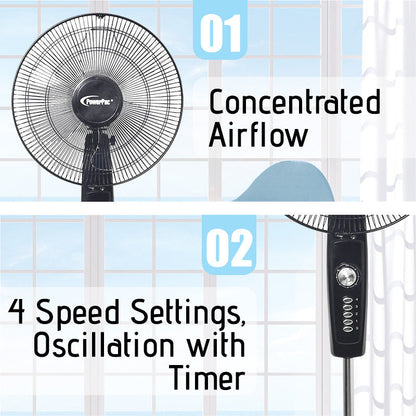 PowerPac 16 Stand Fan – Strong Airflow. Adjustable Tilt & Height. Oscillation. Timer. Durable. Energy-efficient. 4-Speed. black. PPFS30