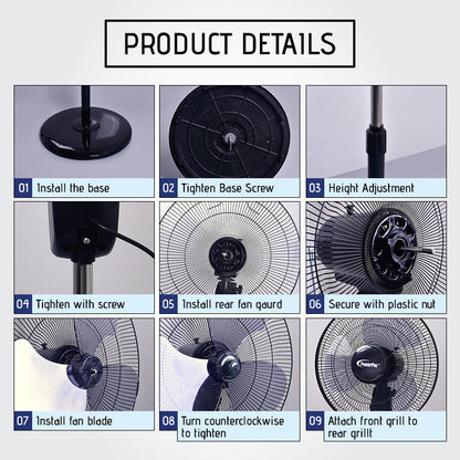 PowerPac 16 Stand Fan – Strong Airflow. Adjustable Tilt & Height. Oscillation. Timer. Durable. Energy-efficient. 4-Speed. black. PPFS30