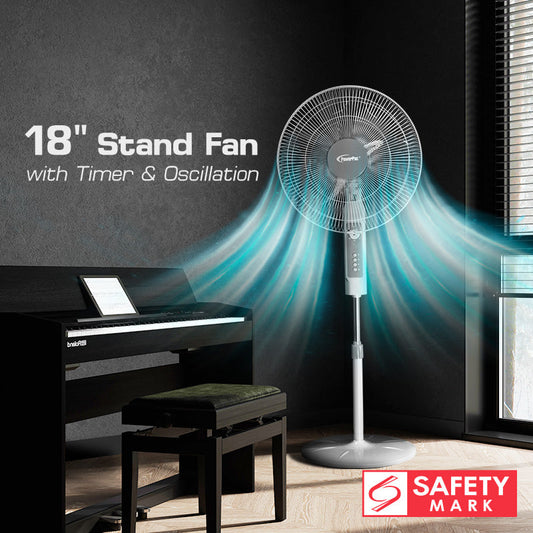 PowerPac 18 Stand Fan – Strong Airflow. Adjustable Tilt & Height. Oscillation. Timer. Durable. Energy-saving. 3-Speed. white. PPFS70