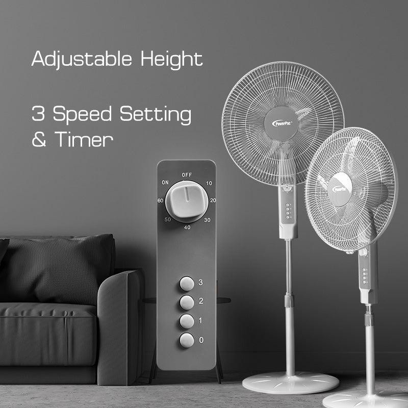 PowerPac 18 Stand Fan – Strong Airflow. Adjustable Tilt & Height. Oscillation. Timer. Durable. Energy-saving. 3-Speed. white. PPFS70