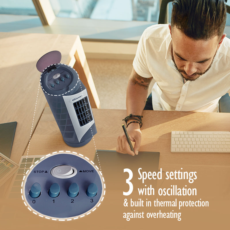 PowerPac 10 Tower Fan – Desk Fan. Oscillation. Portable. Compact. Energy-saving. Thermal protection. 3-Speed. grey. PPTF10