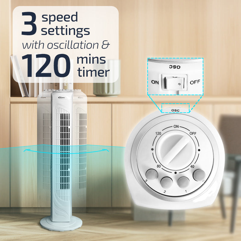PowerPac 29 Tower Fan – Oscillation. Timer. Portable. Energy-efficient. Thermal protection. 3-Speed. white. PPTF290