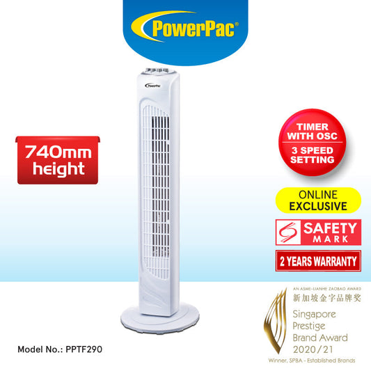 PowerPac 29 Tower Fan – Oscillation. Timer. Portable. Energy-efficient. Thermal protection. 3-Speed. white. PPTF290