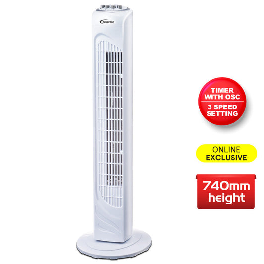 PowerPac 29 Tower Fan – Oscillation. Timer. Portable. Energy-efficient. Thermal protection. 3-Speed. white. PPTF290