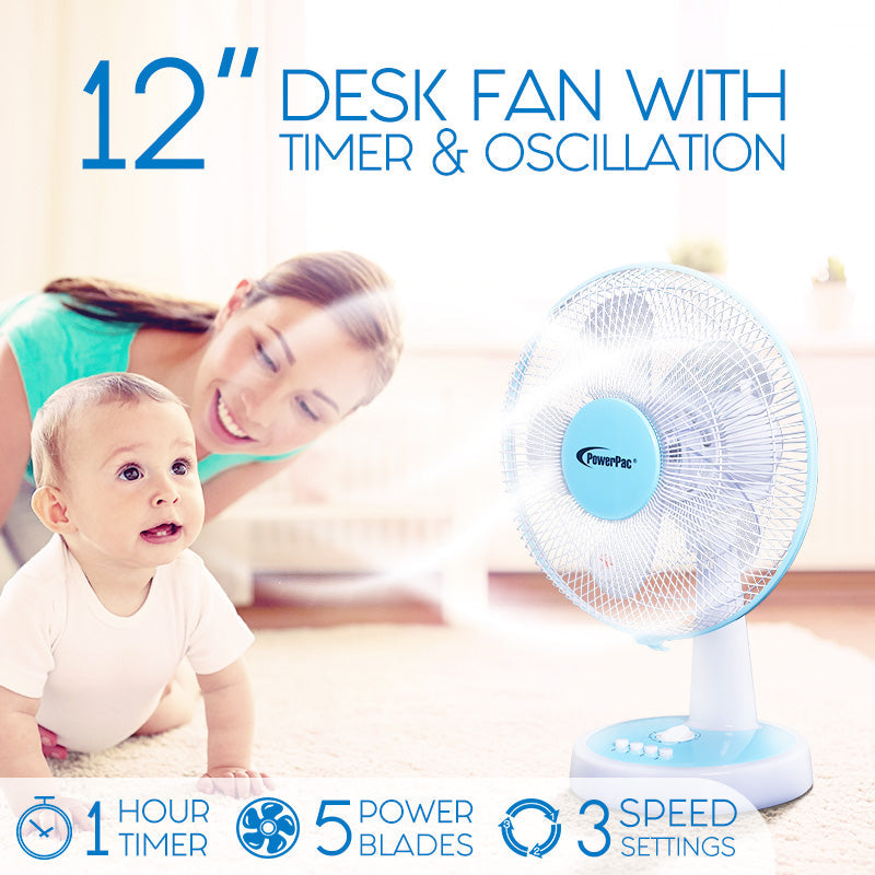 PowerPac 12 Desk Fan – High Velocity. Adjustable Tilt. Oscillation. Quiet. Durable. Overheat Protection. 3-Speed. pale blue & white. PPTF303