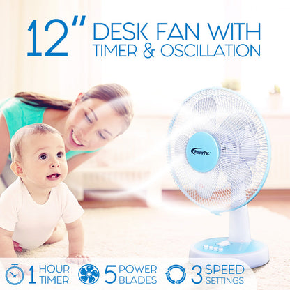 PowerPac 12 Desk Fan – High Velocity. Adjustable Tilt. Oscillation. Quiet. Durable. Overheat Protection. 3-Speed. pale blue & white. PPTF303