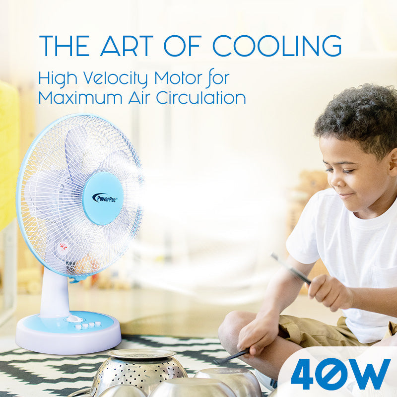 PowerPac 12 Desk Fan – High Velocity. Adjustable Tilt. Oscillation. Quiet. Durable. Overheat Protection. 3-Speed. pale blue & white. PPTF303