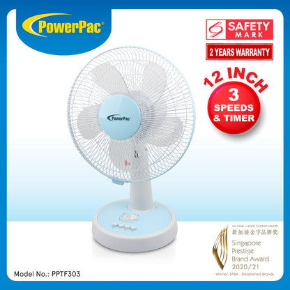PowerPac 12 Desk Fan – High Velocity. Adjustable Tilt. Oscillation. Quiet. Durable. Overheat Protection. 3-Speed. pale blue & white. PPTF303