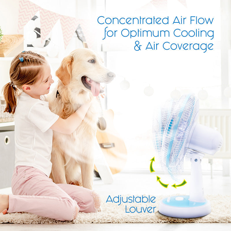 PowerPac 12 Desk Fan – High Velocity. Adjustable Tilt. Oscillation. Quiet. Durable. Overheat Protection. 3-Speed. pale blue & white. PPTF303