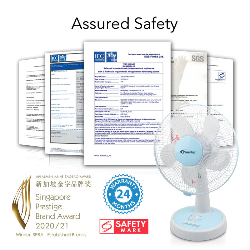 PowerPac 12 Desk Fan – High Velocity. Adjustable Tilt. Oscillation. Quiet. Durable. Overheat Protection. 3-Speed. pale blue & white. PPTF303