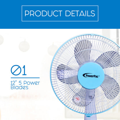 PowerPac 12 Desk Fan – High Velocity. Adjustable Tilt. Oscillation. Quiet. Durable. Overheat Protection. 3-Speed. pale blue & white. PPTF303