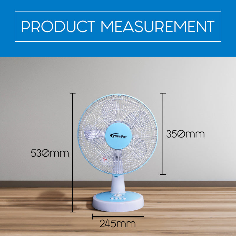PowerPac 12 Desk Fan – High Velocity. Adjustable Tilt. Oscillation. Quiet. Durable. Overheat Protection. 3-Speed. pale blue & white. PPTF303