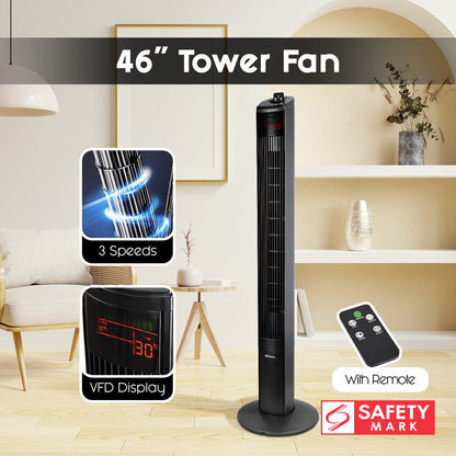 PowerPac 46 Tower Fan – Remote Control. Oscillation. Timer. 3 Modes. Digital display. Portable. Energy-efficient. 3-Speed. grey. PPTF460