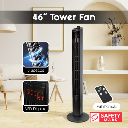 PowerPac 46 Tower Fan – Remote Control. Oscillation. Timer. 3 Modes. Digital display. Portable. Energy-efficient. 3-Speed. grey. PPTF460