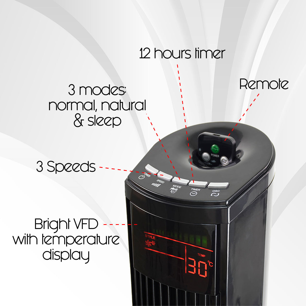 PowerPac 46 Tower Fan – Remote Control. Oscillation. Timer. 3 Modes. Digital display. Portable. Energy-efficient. 3-Speed. grey. PPTF460