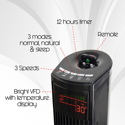 PowerPac 46 Tower Fan – Remote Control. Oscillation. Timer. 3 Modes. Digital display. Portable. Energy-efficient. 3-Speed. grey. PPTF460