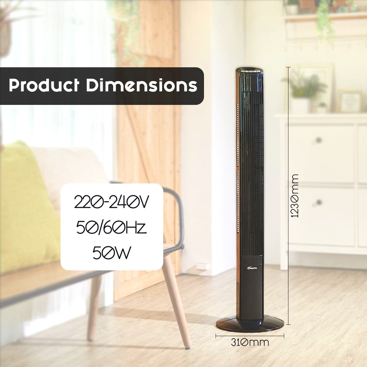 PowerPac 46 Tower Fan – Remote Control. Oscillation. Timer. 3 Modes. Digital display. Portable. Energy-efficient. 3-Speed. grey. PPTF460