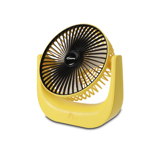 PowerPac 6 Table Fan – USB. Rechargeable. Portable Wireless. Strong Airflow. 120° Adjustable Tilt. 3-Speed. yellow. PPUF225