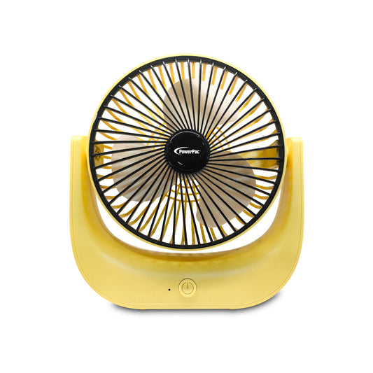 PowerPac 6 Table Fan – USB. Rechargeable. Portable Wireless. Strong Airflow. 120° Adjustable Tilt. 3-Speed. yellow. PPUF225