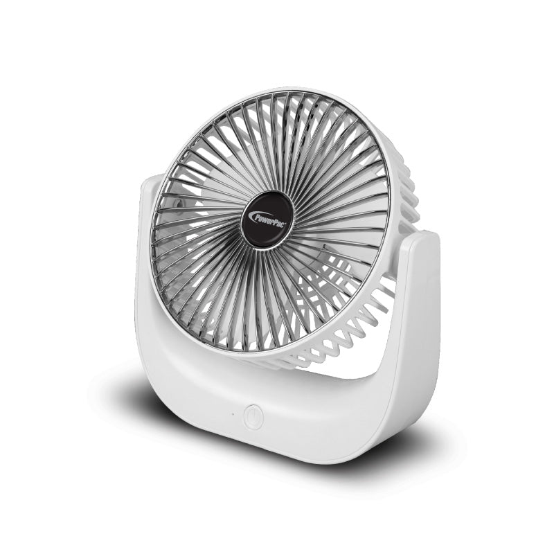 PowerPac 6 Table Fan – USB. Rechargeable. Portable Wireless. Strong Airflow. 120° Adjustable Tilt. 3-Speed. white. PPUF225