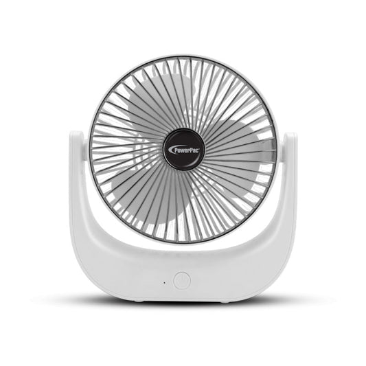 PowerPac 6 Table Fan – USB. Rechargeable. Portable Wireless. Strong Airflow. 120° Adjustable Tilt. 3-Speed. white. PPUF225