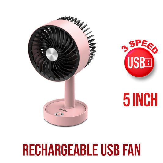 PowerPac 5 Table Fan – USB. Rechargeable. Portable Wireless. Adjustable Tilt. LED lights. Sturdy. 3-Speed. pink. PPUF230