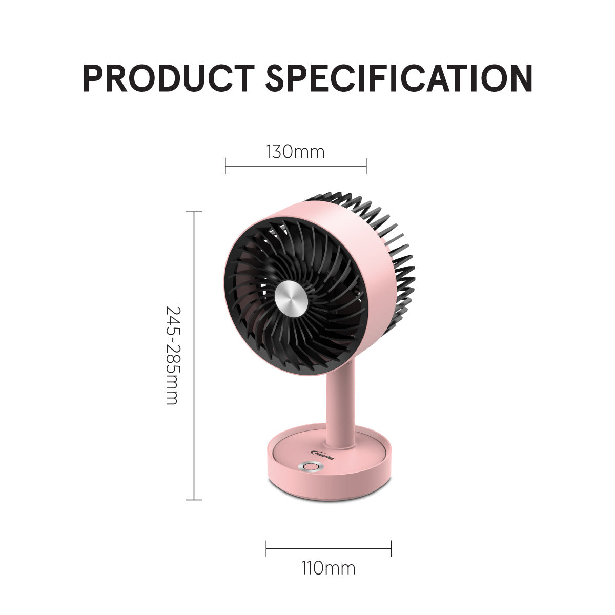PowerPac 5 Table Fan – USB. Rechargeable. Portable Wireless. Adjustable Tilt. LED lights. Sturdy. 3-Speed. pink. PPUF230
