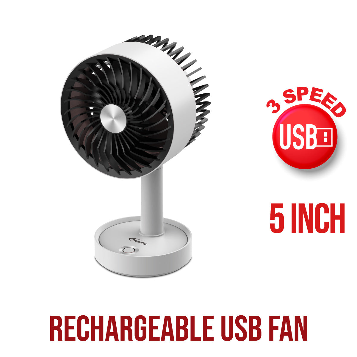 PowerPac 5 Table Fan – USB. Rechargeable. Portable Wireless. Adjustable Tilt. LED lights. Sturdy. 3-Speed. white. PPUF230