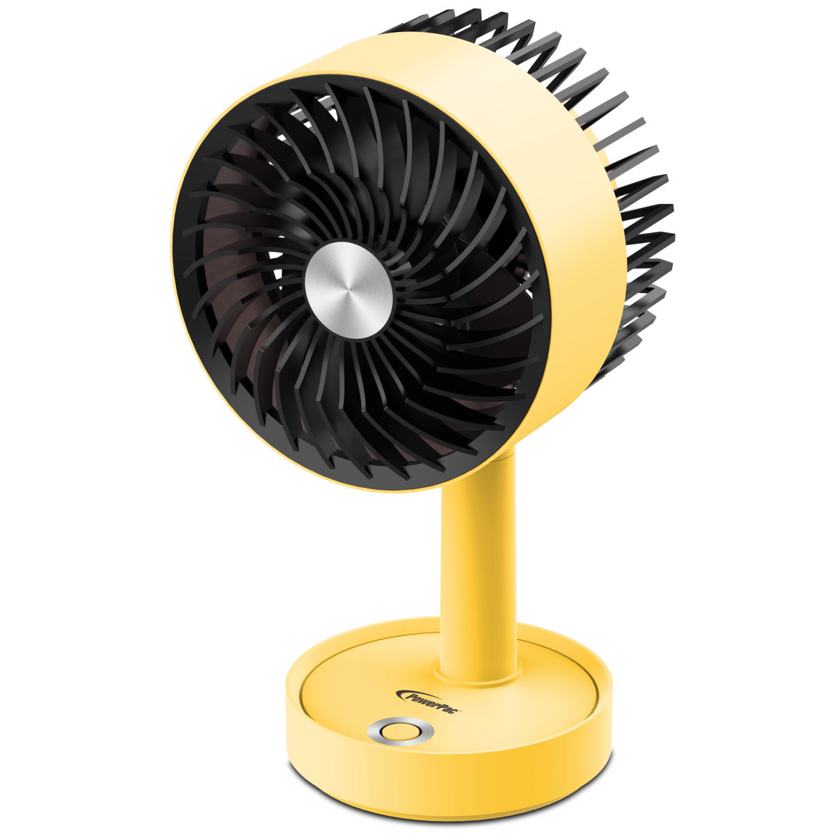 PowerPac 5 Table Fan – USB. Rechargeable. Portable Wireless. Adjustable Tilt. LED lights. Sturdy. 3-Speed. yellow. PPUF230