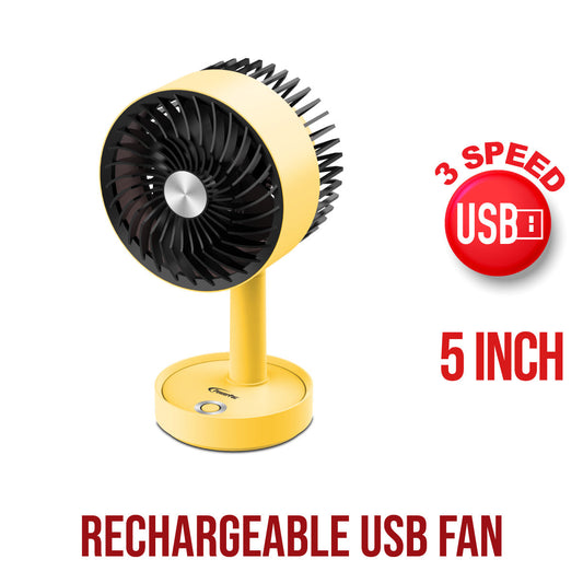 PowerPac 5 Table Fan – USB. Rechargeable. Portable Wireless. Adjustable Tilt. LED lights. Sturdy. 3-Speed. yellow. PPUF230