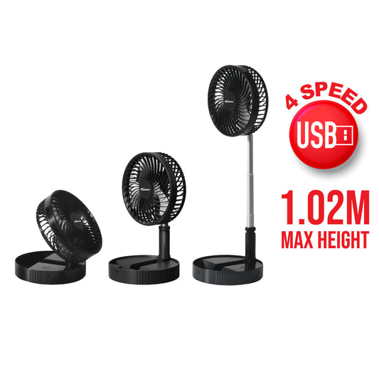 PowerPac 8 Foldable Stand/Table Fan – USB. Rechargeable. Portable Wireless. Adjustable Tilt & Height. 4-Speed. black. PPUF234