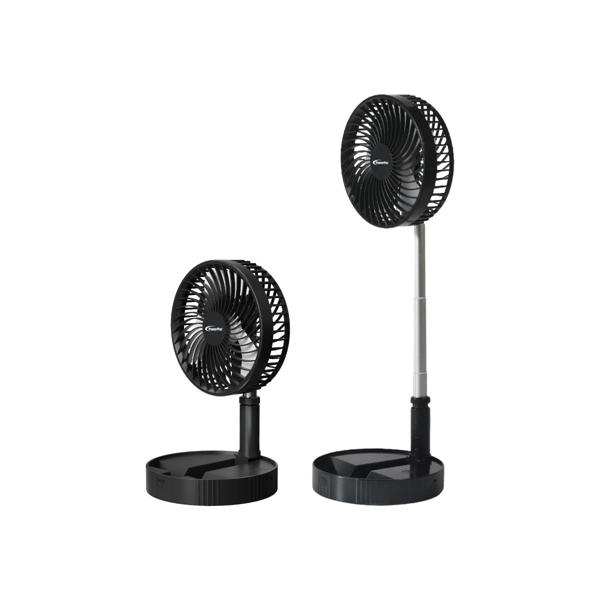 PowerPac 8 Foldable Stand/Table Fan – USB. Rechargeable. Portable Wireless. Adjustable Tilt & Height. 4-Speed. black. PPUF234
