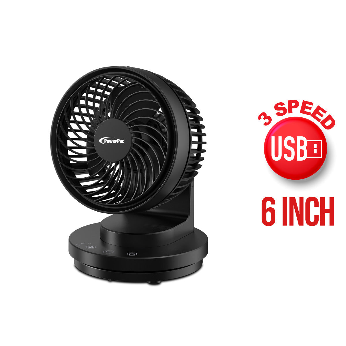 PowerPac 6 Table Fan – USB. Air Circulator. Strong Airflow. Adjustable Tilt. Oscillation. Sturdy & Durable. 3-Speed. black. PPUF237