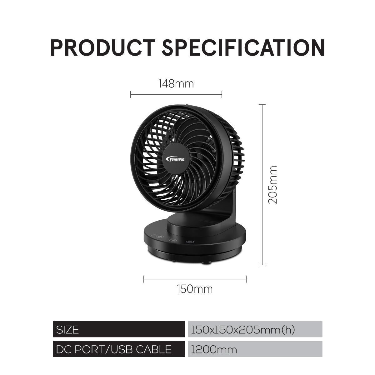 PowerPac 6 Table Fan – USB. Air Circulator. Strong Airflow. Adjustable Tilt. Oscillation. Sturdy & Durable. 3-Speed. black. PPUF237