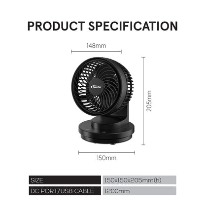 PowerPac 6 Table Fan – USB. Air Circulator. Strong Airflow. Adjustable Tilt. Oscillation. Sturdy & Durable. 3-Speed. black. PPUF237