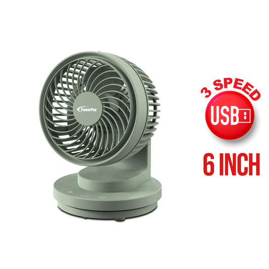 PowerPac 6 Table Fan – USB. Air Circulator. Strong Airflow. Adjustable Tilt. Oscillation. Sturdy & Durable. 3-Speed. green. PPUF237