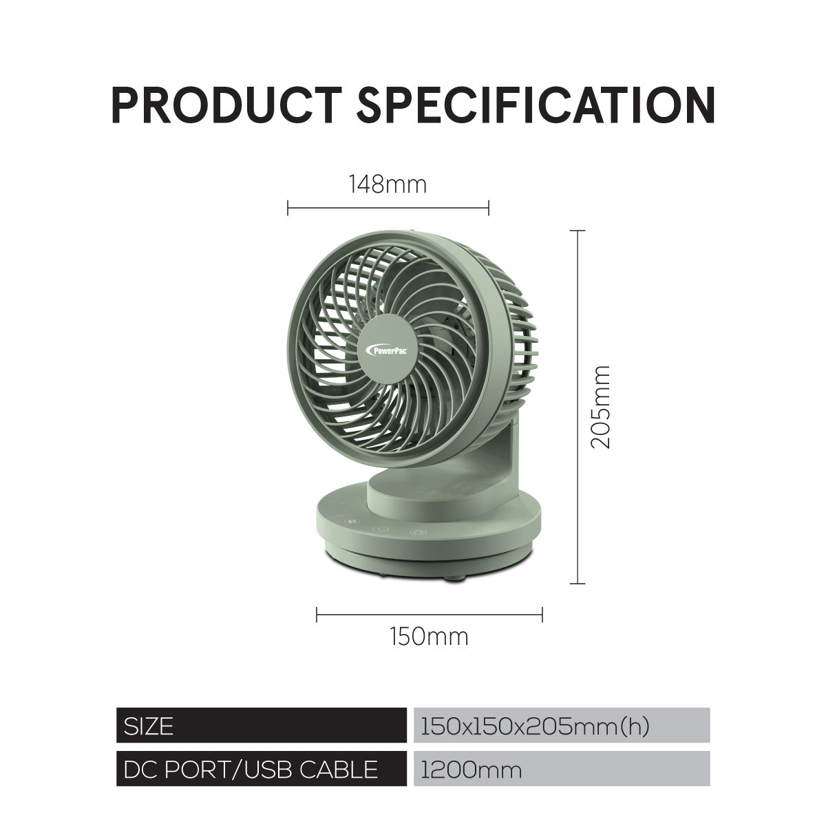 PowerPac 6 Table Fan – USB. Air Circulator. Strong Airflow. Adjustable Tilt. Oscillation. Sturdy & Durable. 3-Speed. green. PPUF237