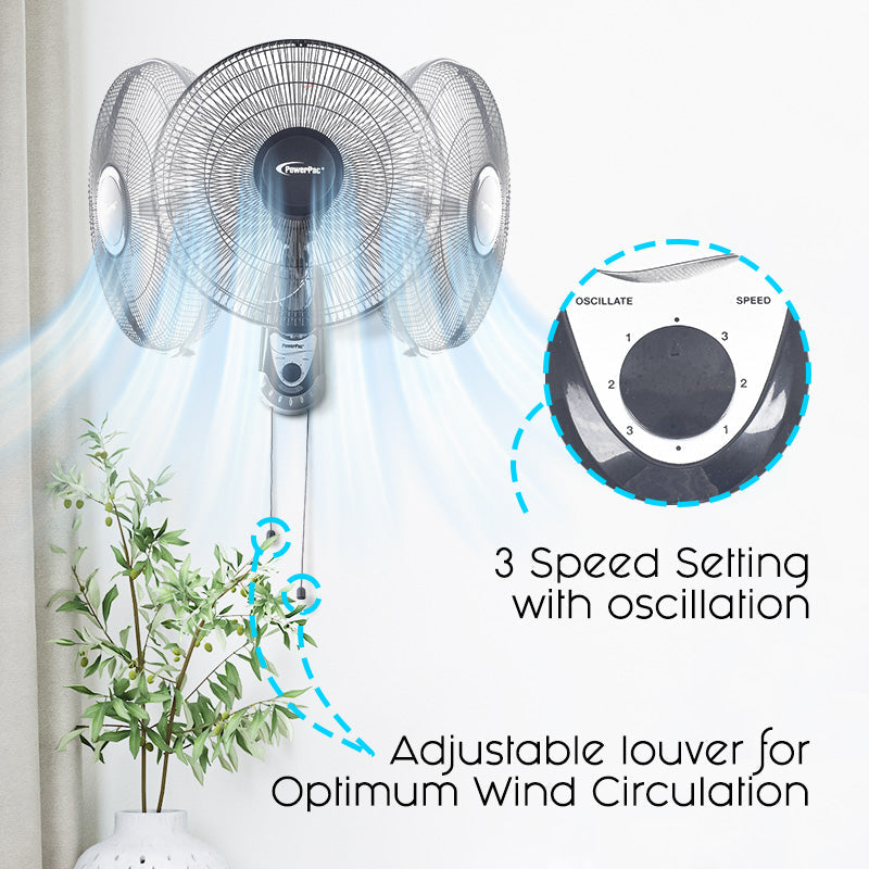 PowerPac 16 Wall Fan – Adjustable Tilt. Wide Oscillation. Safe & Easy Installation. Thermal Protection. 3-Speed. black. PPWF40