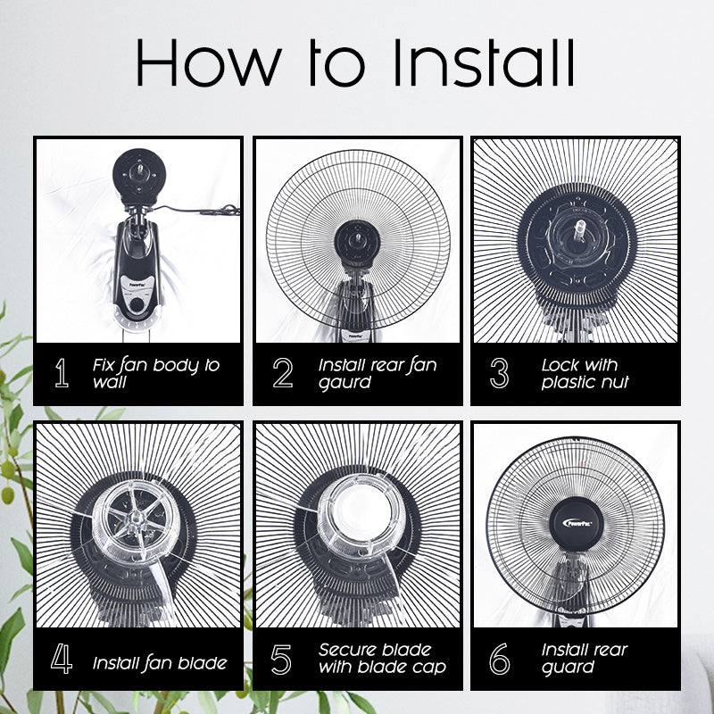 PowerPac 16 Wall Fan – Adjustable Tilt. Wide Oscillation. Safe & Easy Installation. Thermal Protection. 3-Speed. black. PPWF40