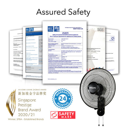 PowerPac 16 Wall Fan – Adjustable Tilt. Wide Oscillation. Safe & Easy Installation. Thermal Protection. 3-Speed. black. PPWF40